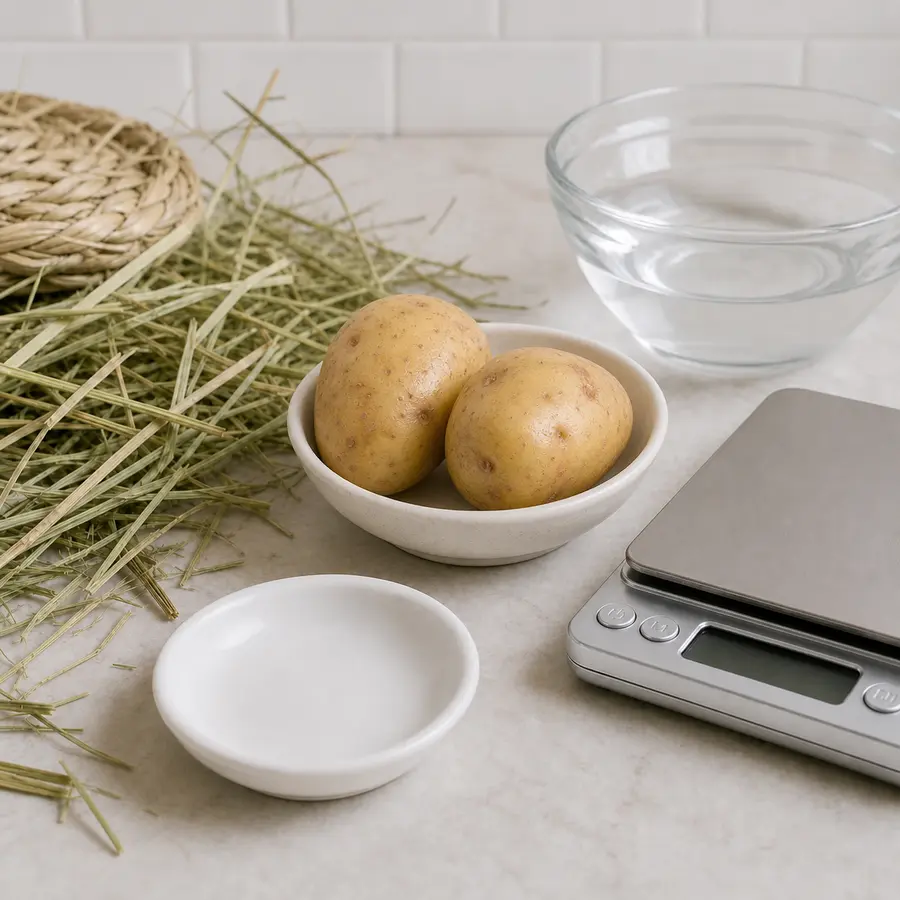 Whole raw potatoes kept away from an empty saucer, hay, water, and a gram scale.