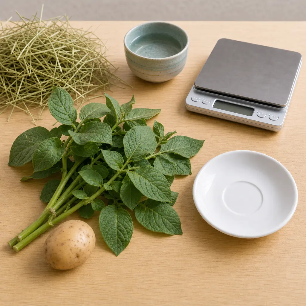 Potato plant leaves and stems kept away from an empty saucer, hay, water, and a gram scale.