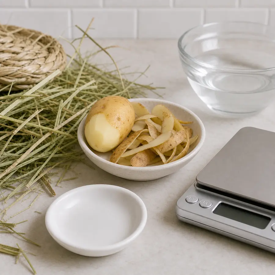 Raw potato peels kept away from an empty saucer, hay, water, and a gram scale.