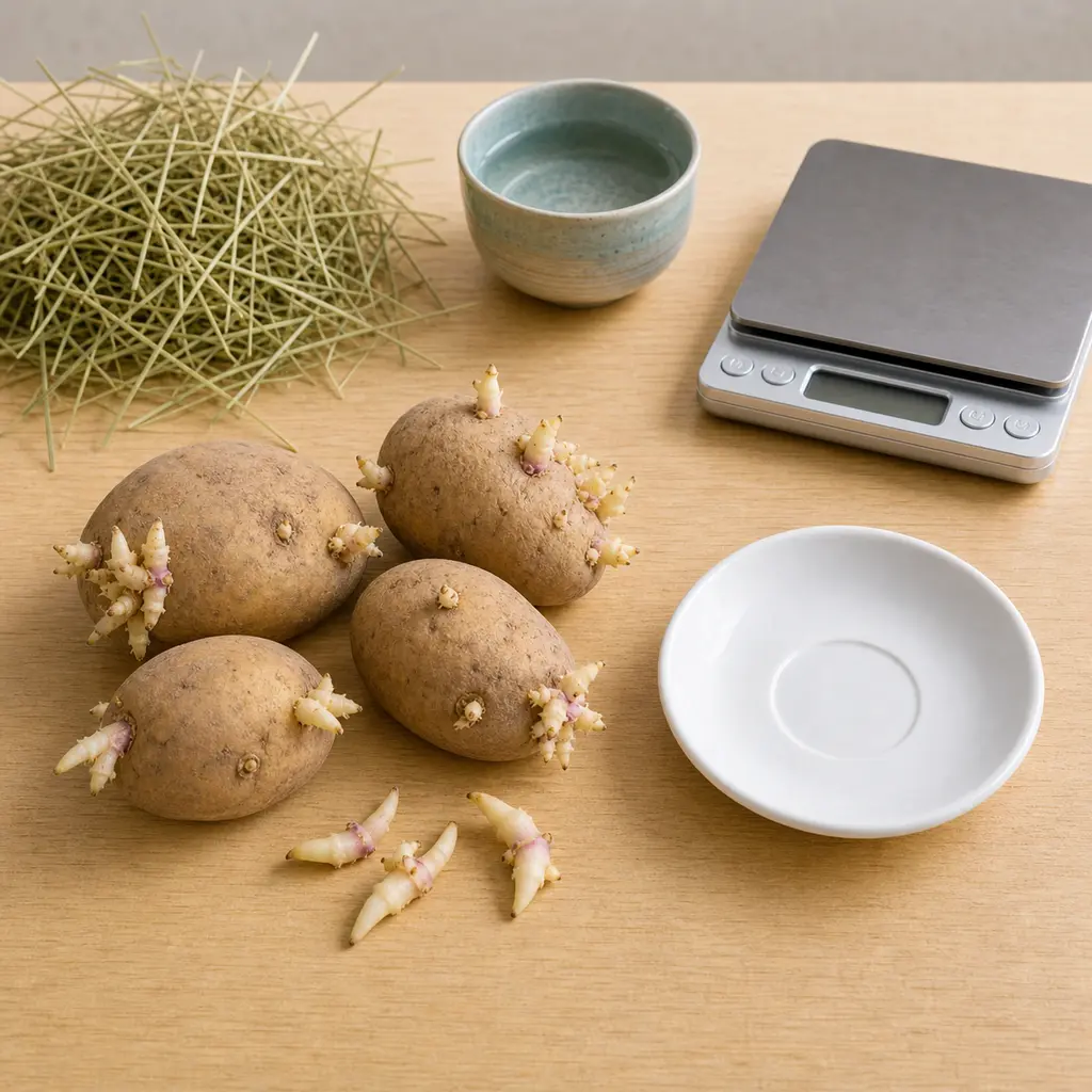 Sprouted potatoes and loose potato sprouts kept away from an empty saucer, hay, water, and a gram scale.