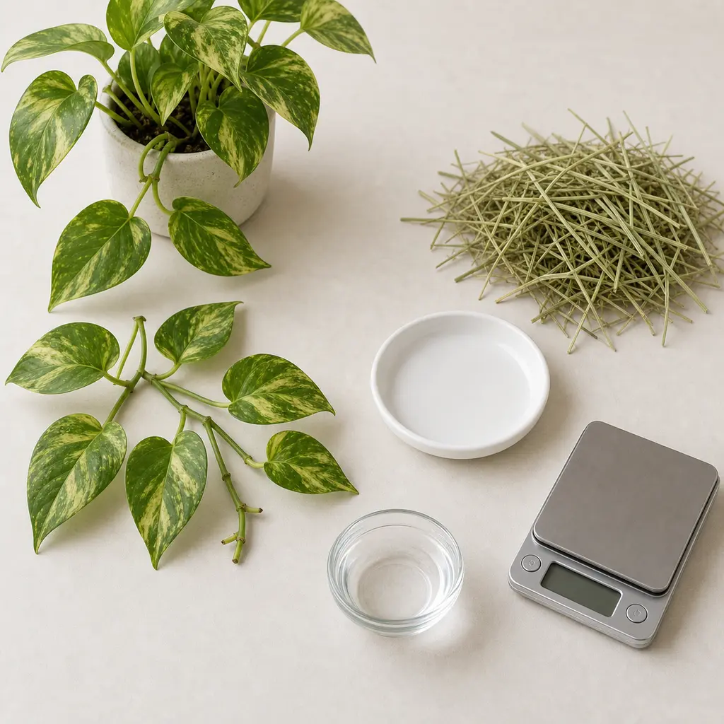 Variegated pothos leaves and vine cuttings kept away from an empty saucer, hay, water, and a gram scale.