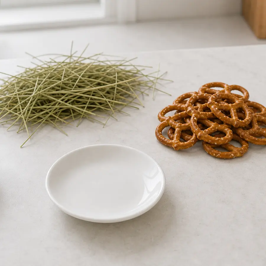 Small pile of salted pretzels kept away from an empty saucer, hay, water, and a gram scale.