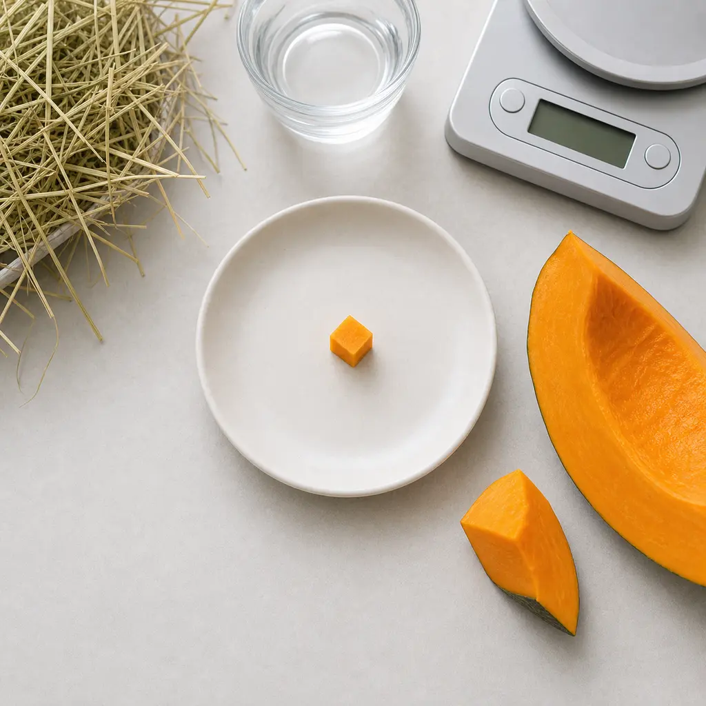 Tiny plain pumpkin cube on a saucer beside fresh pumpkin flesh, hay, water, and a gram scale.