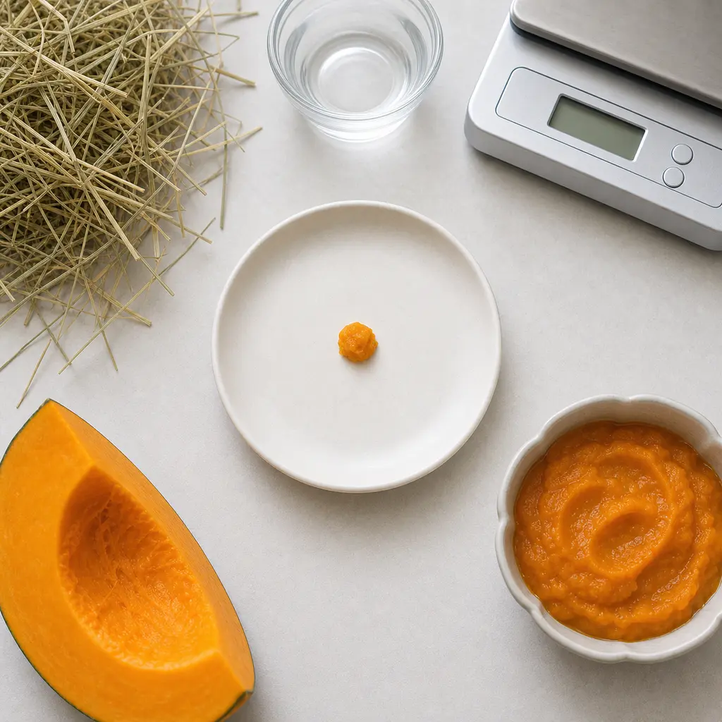 Pea-sized dab of plain pumpkin puree on a saucer beside plain pumpkin puree, hay, water, and a gram scale.