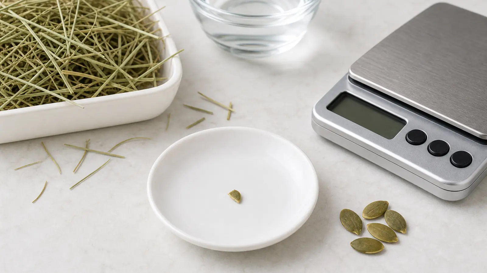 Tiny broken pepita piece on a saucer beside plain pumpkin seeds, hay, water, and a gram scale.