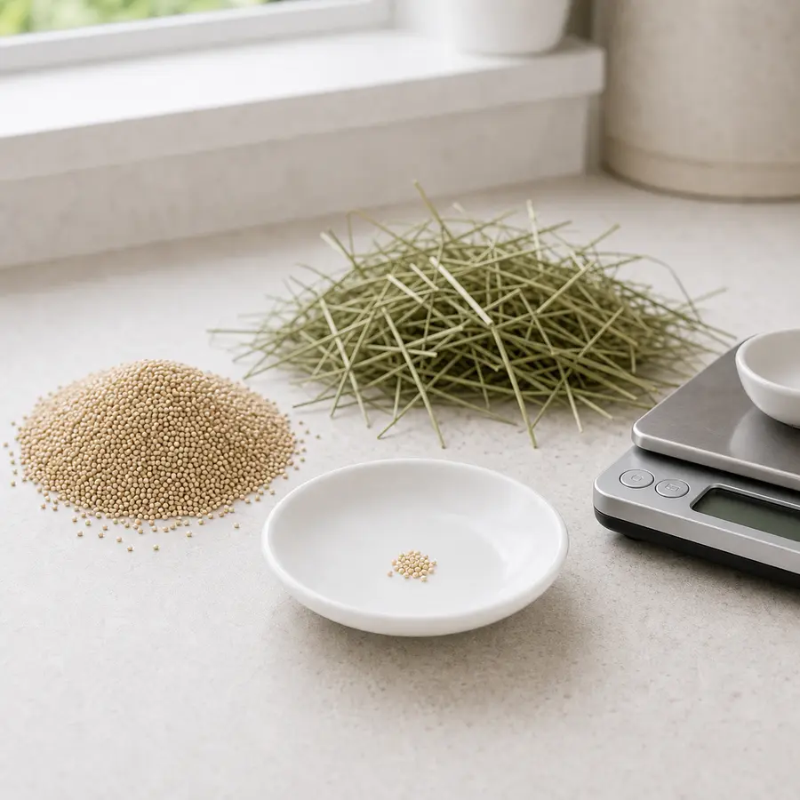 Tiny measured plain quinoa grains on a saucer beside quinoa, hay, water, and a gram scale.