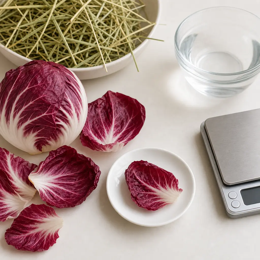 Tiny washed radicchio leaf piece on a saucer beside a radicchio head, hay, water, and a gram scale.