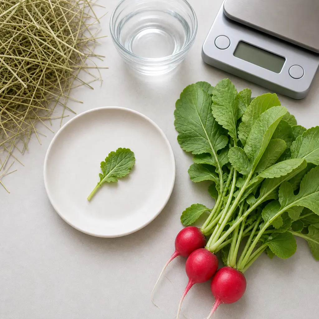 Tiny washed radish green leaf piece on a saucer beside fresh radish greens and radishes, hay, water, and a gram scale.