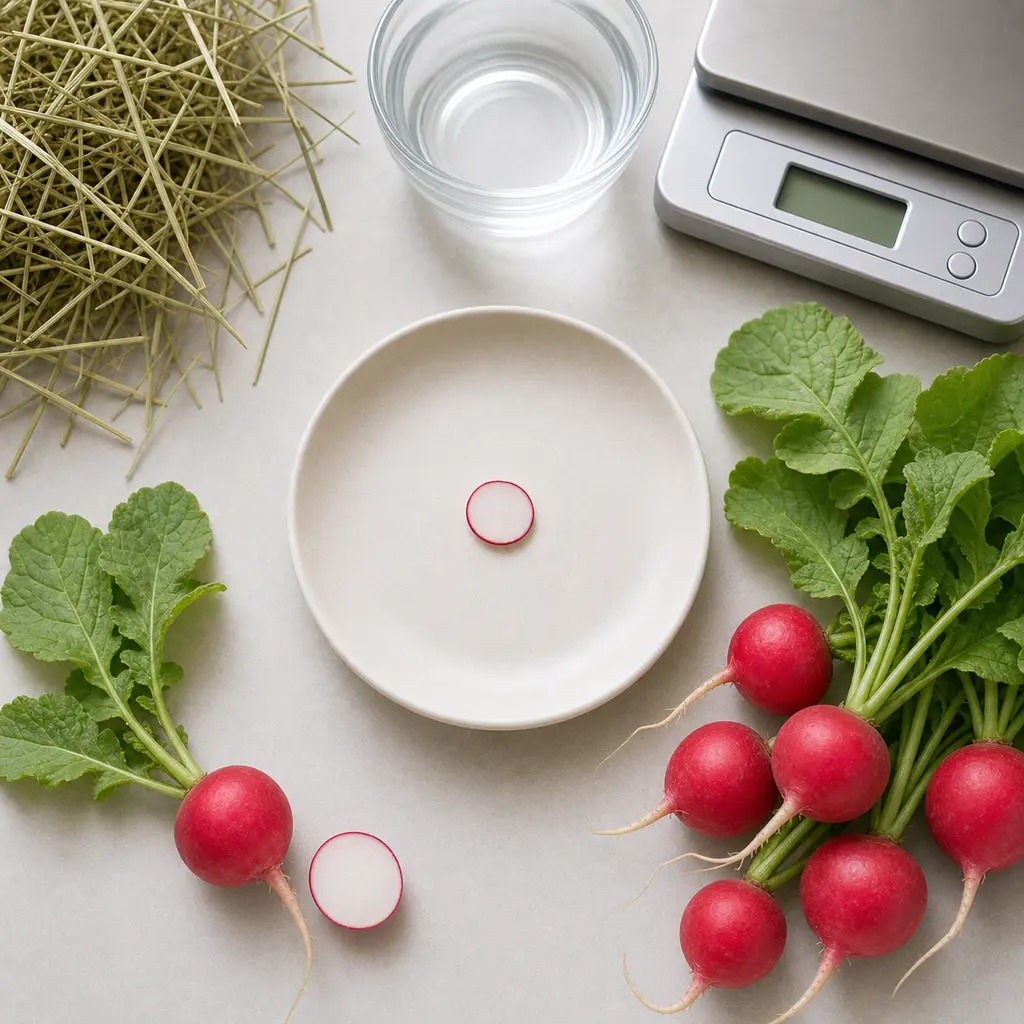 Tiny raw red radish slice on a saucer beside fresh red radishes, hay, water, and a gram scale.