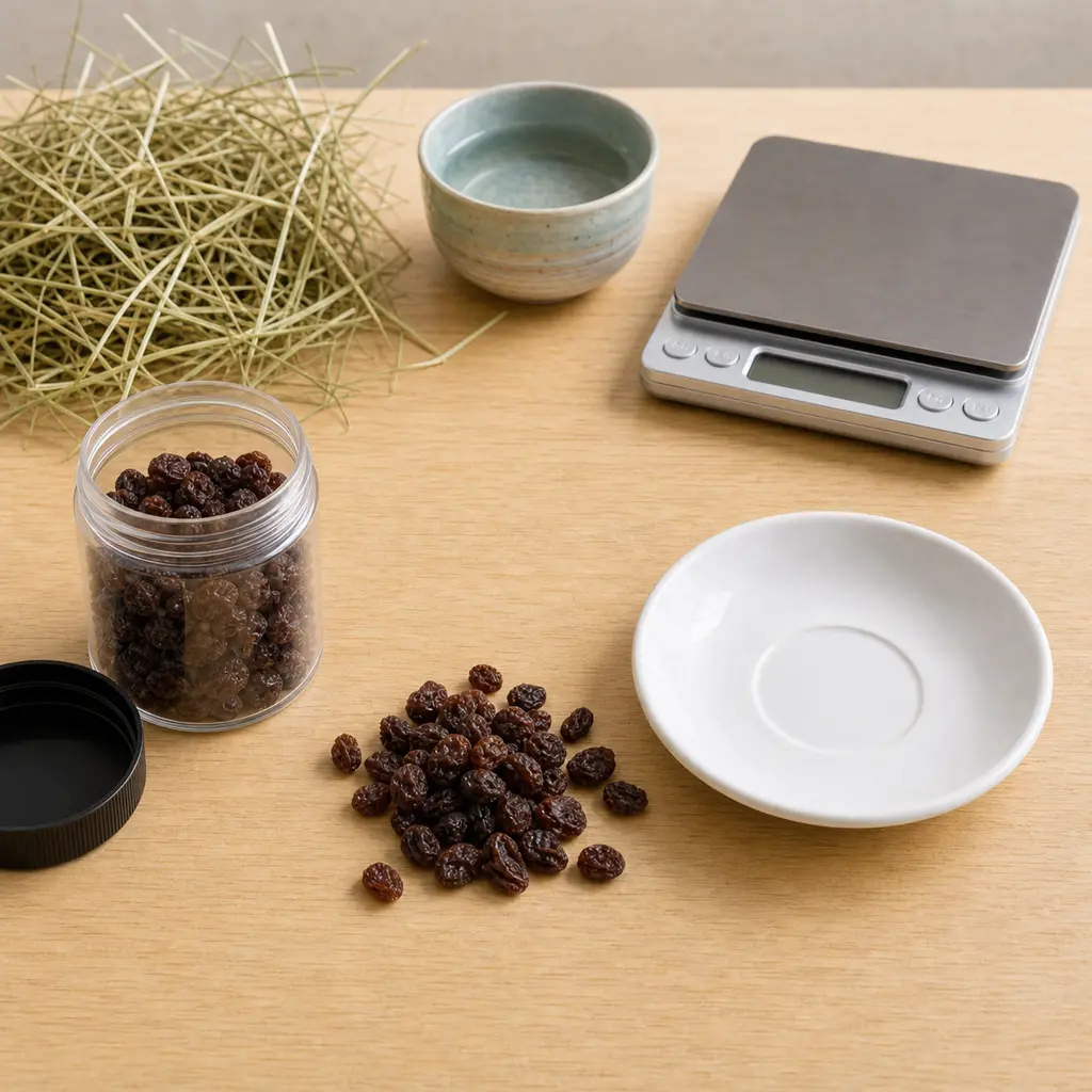 Raisins kept away from an empty saucer, hay, water, and a gram scale.