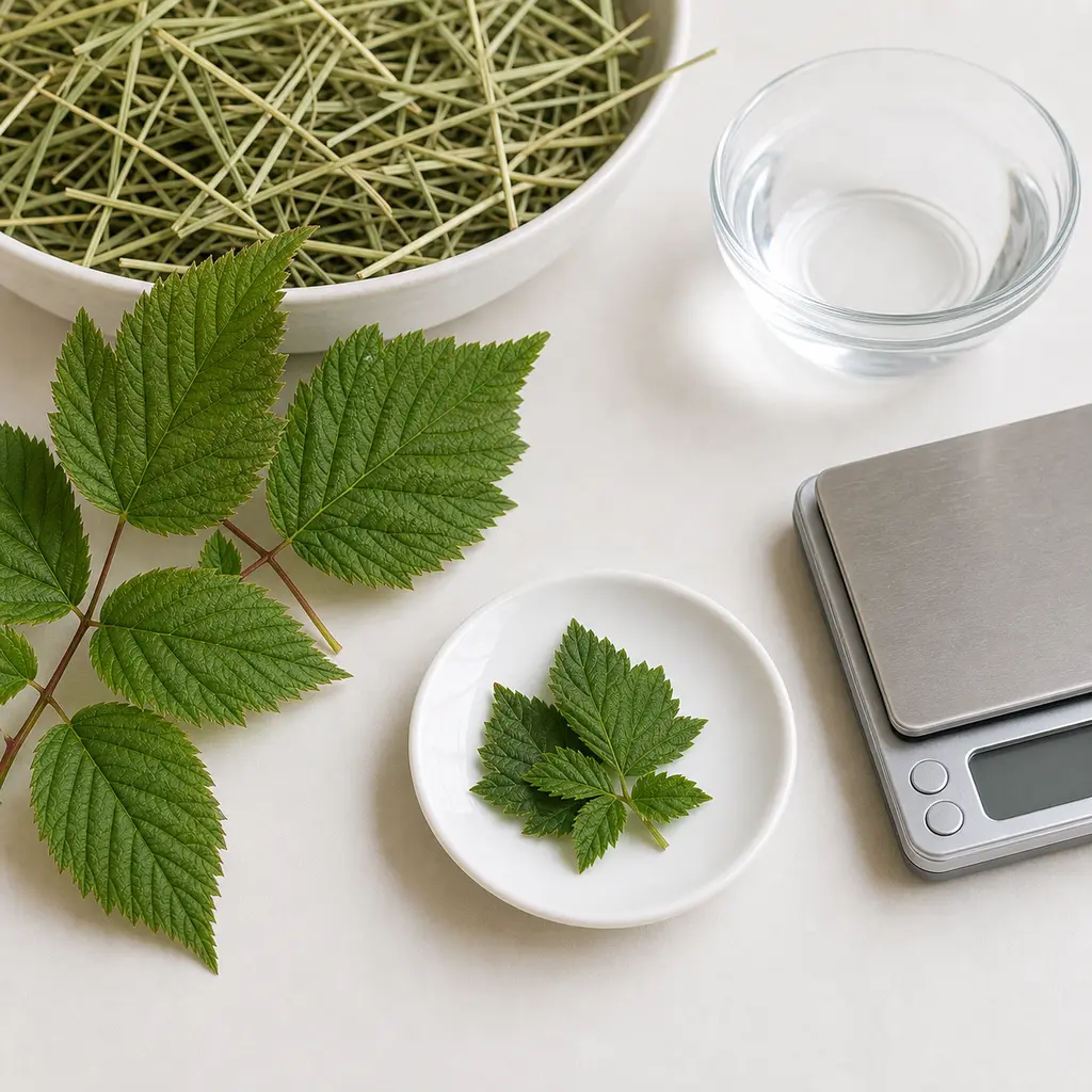Tiny clean raspberry leaf piece on a saucer beside fresh raspberry cane leaves, hay, water, and a gram scale.