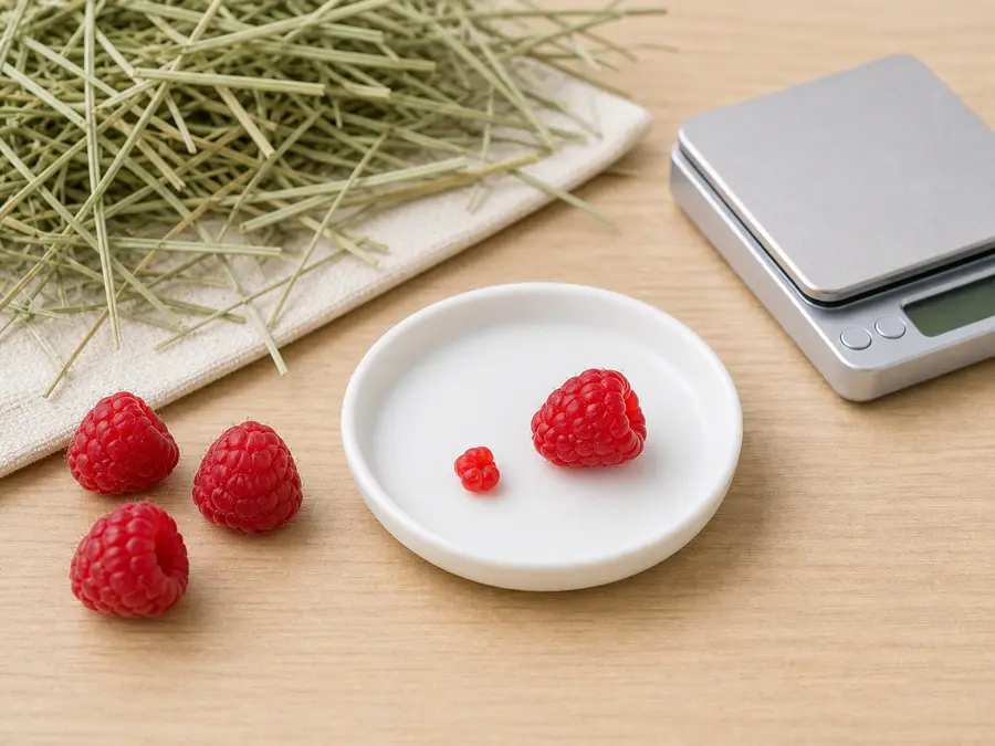Tiny raspberry piece on a saucer beside fresh raspberries, hay, water, and a gram scale.