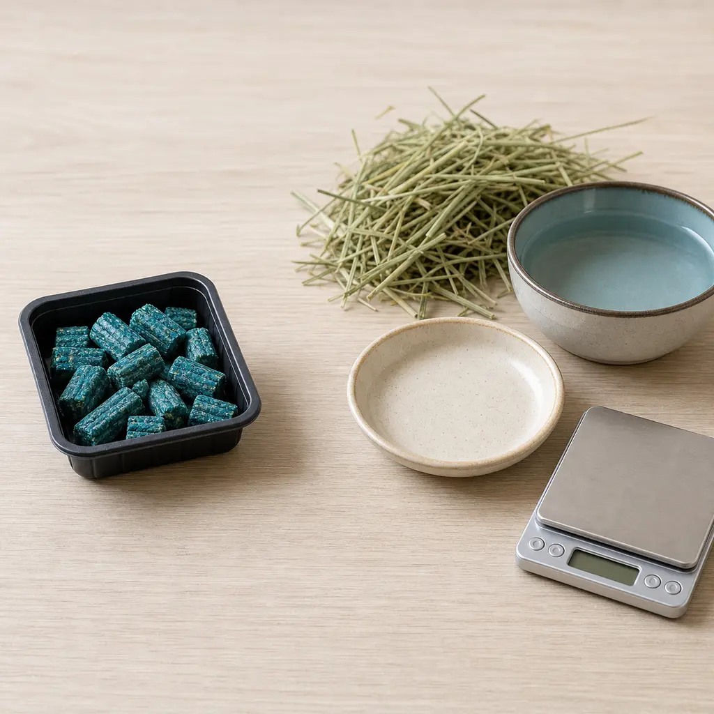 Unbranded rodenticide bait blocks kept away from an empty saucer, hay, water, and a gram scale.
