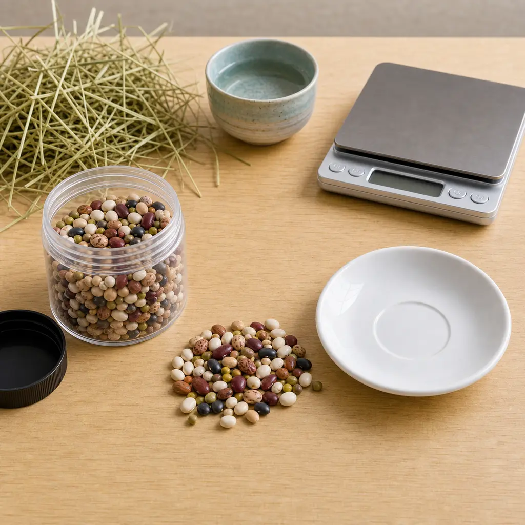 Dry raw mixed beans kept away from an empty saucer, hay, water, and a gram scale.