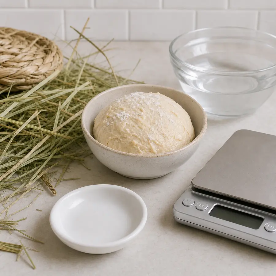 Sticky raw dough kept away from an empty saucer, hay, water, and a gram scale.