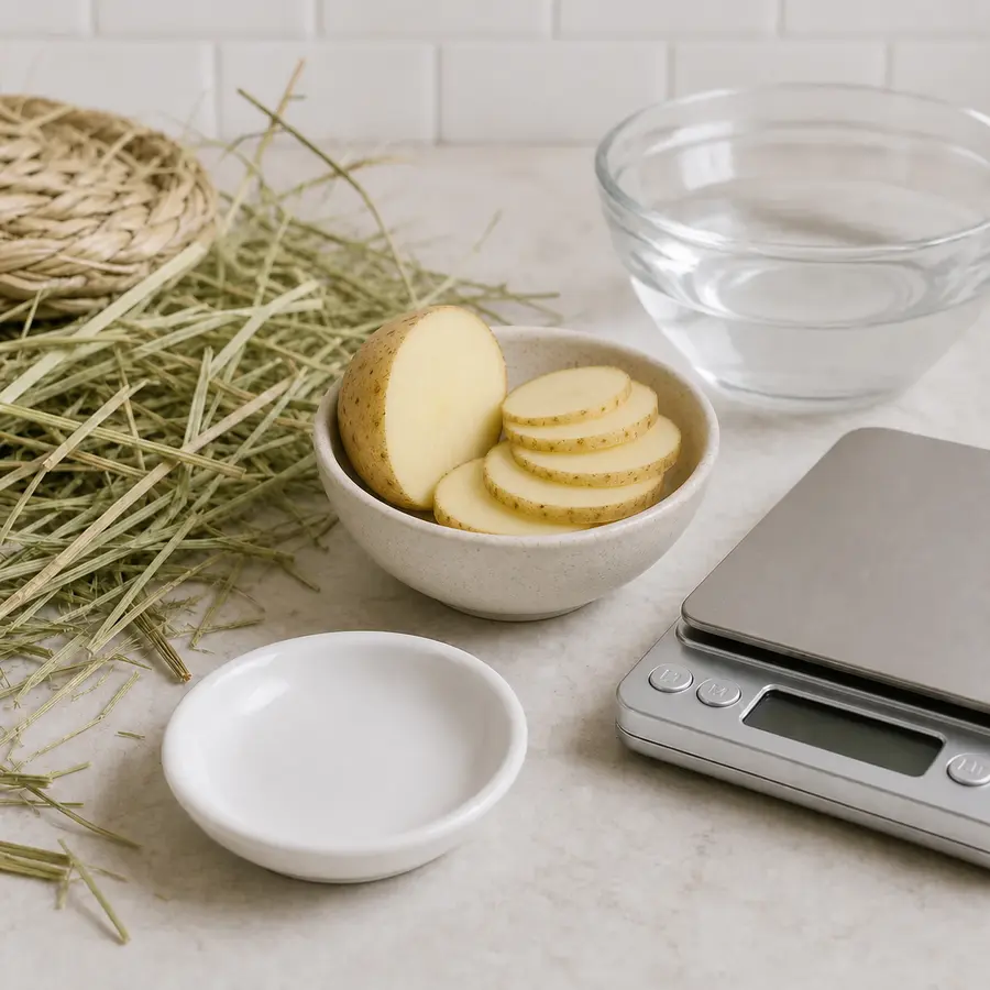 Raw potato slices kept away from an empty saucer, hay, water, and a gram scale.