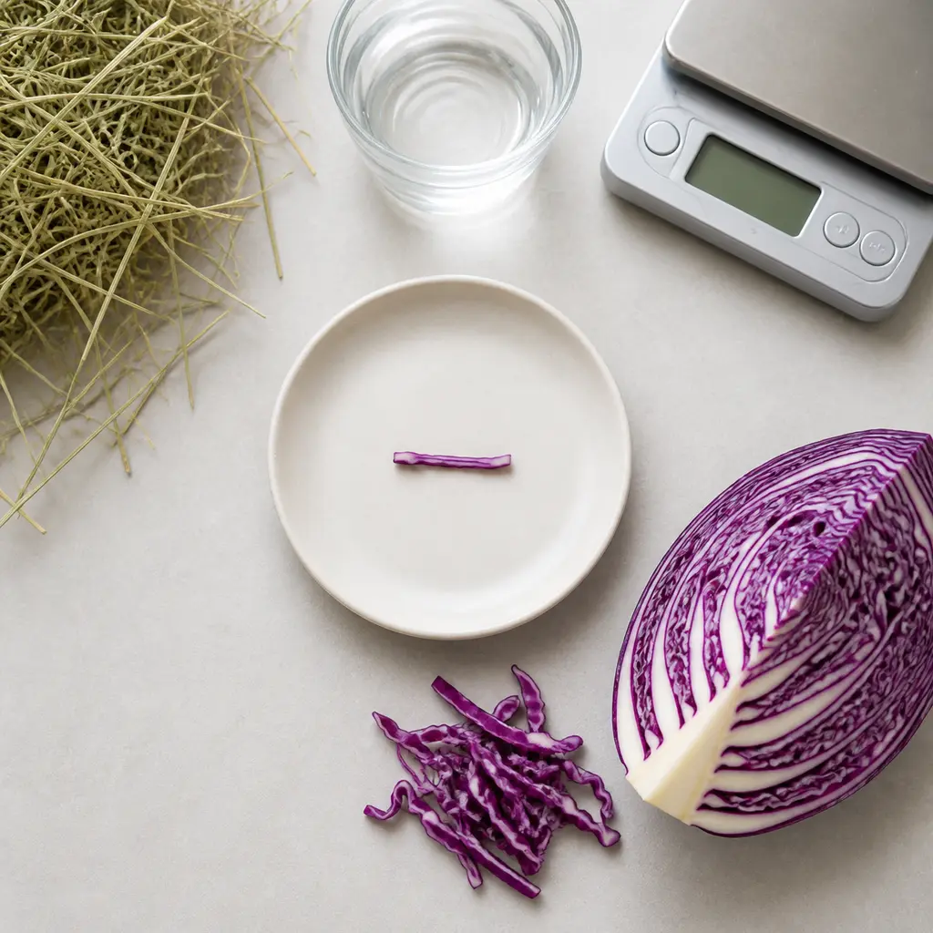 Tiny raw red cabbage shred on a saucer beside a fresh red cabbage wedge, hay, water, and a gram scale.