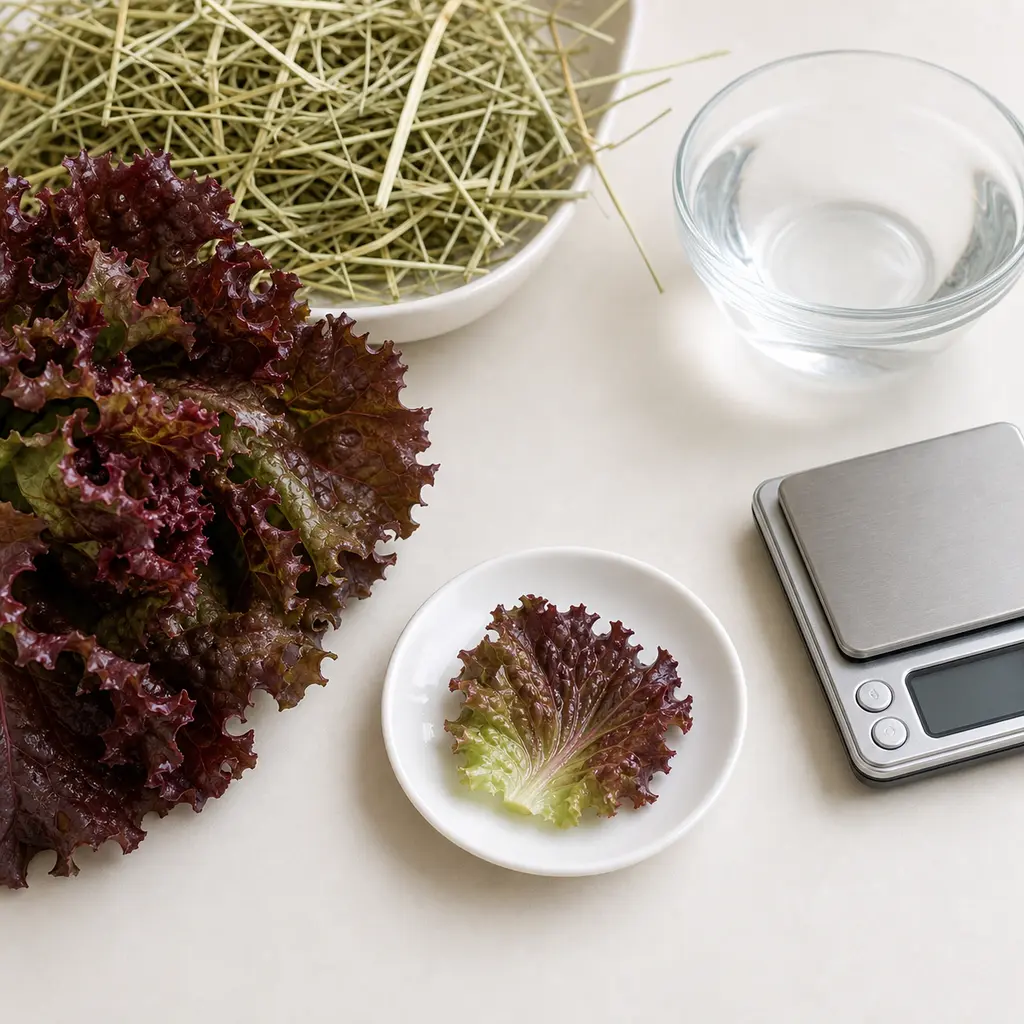 Tiny washed red leaf lettuce piece on a saucer beside red leaf lettuce, hay, water, and a gram scale.