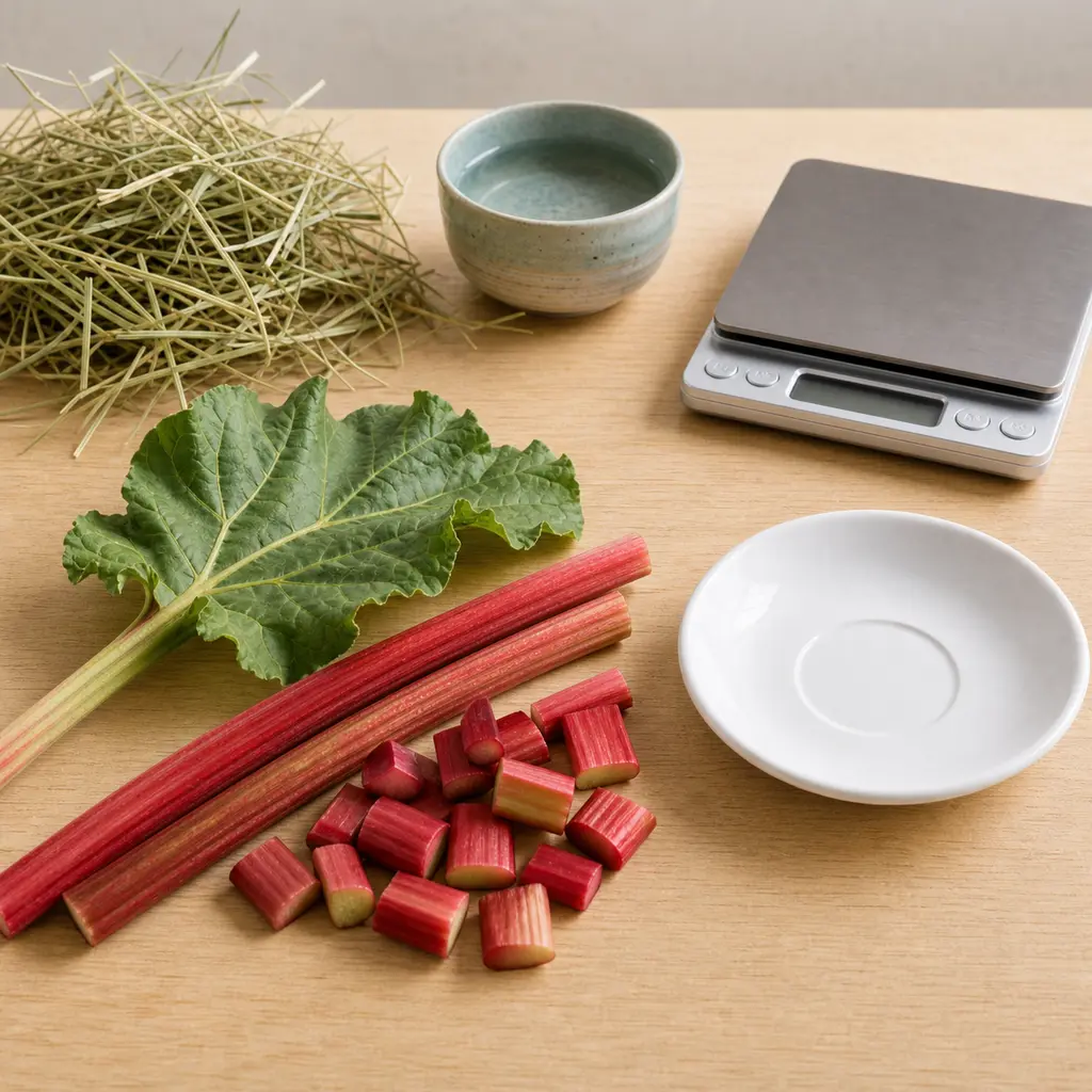 Rhubarb stalks and leaves kept away from an empty saucer, hay, water, and a gram scale.