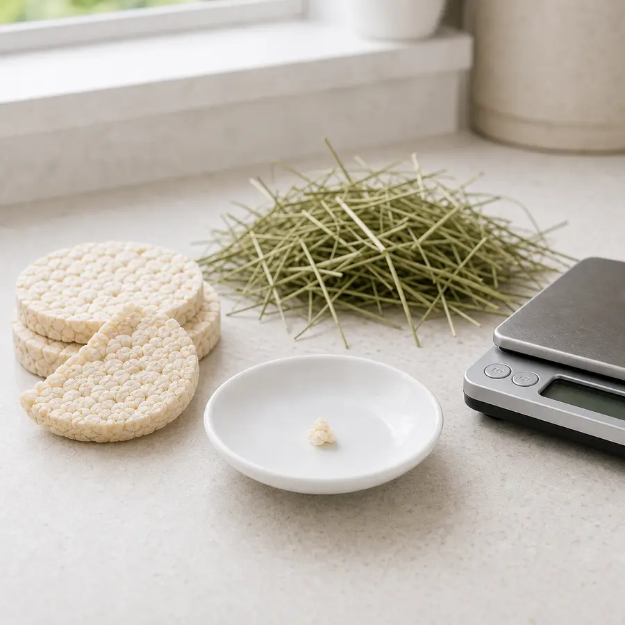Tiny plain rice cake crumb on a saucer beside plain rice cakes, hay, and a gram scale.