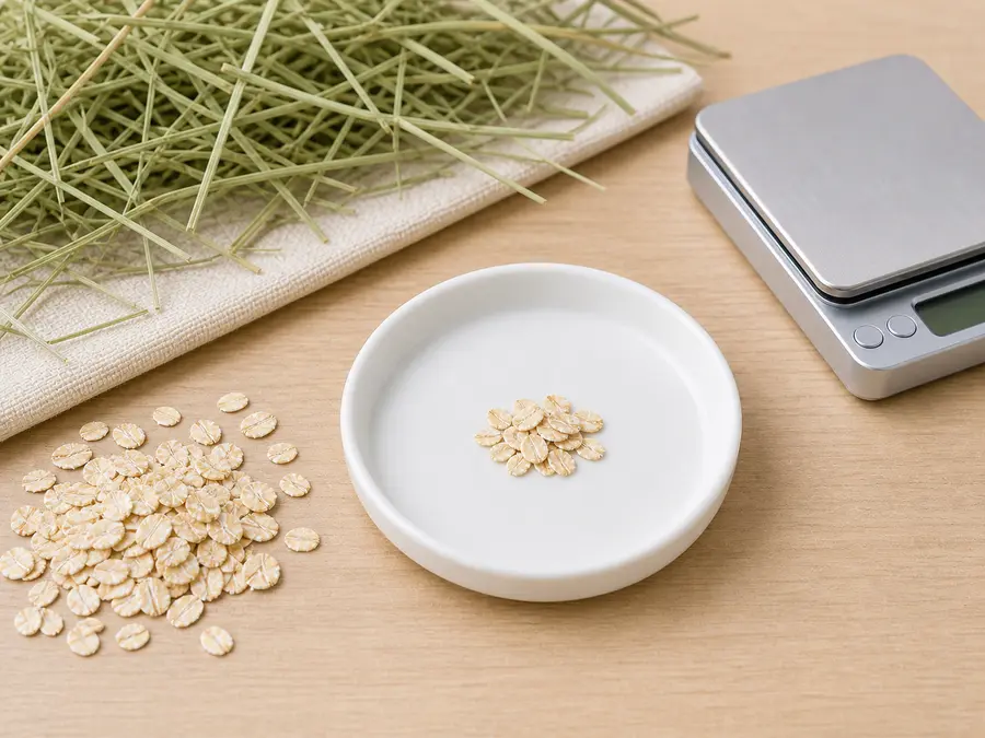 Tiny dry rolled oat pinch on a saucer beside plain rolled oats, hay, water, and a gram scale.