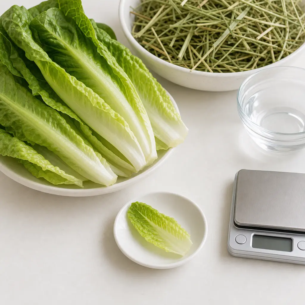 Tiny washed romaine lettuce leaf piece on a saucer beside crisp romaine leaves, hay, water, and a gram scale.