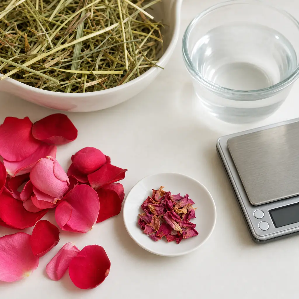 Tiny clean dried rose petal pinch on a saucer beside plain rose petals, hay, water, and a gram scale.