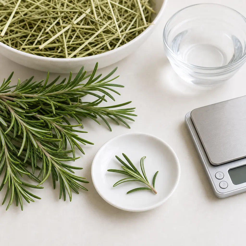 Tiny washed rosemary sprig on a saucer beside fresh rosemary, hay, water, and a gram scale.