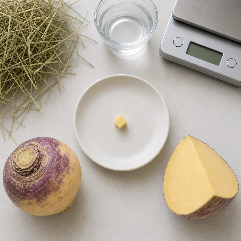 Tiny plain rutabaga cube on a saucer beside a whole rutabaga and cut rutabaga wedge, hay, water, and a gram scale.