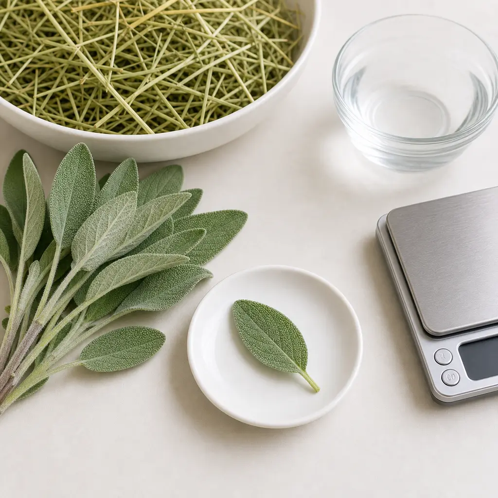 Tiny washed sage leaf on a saucer beside fresh sage leaves, hay, water, and a gram scale.