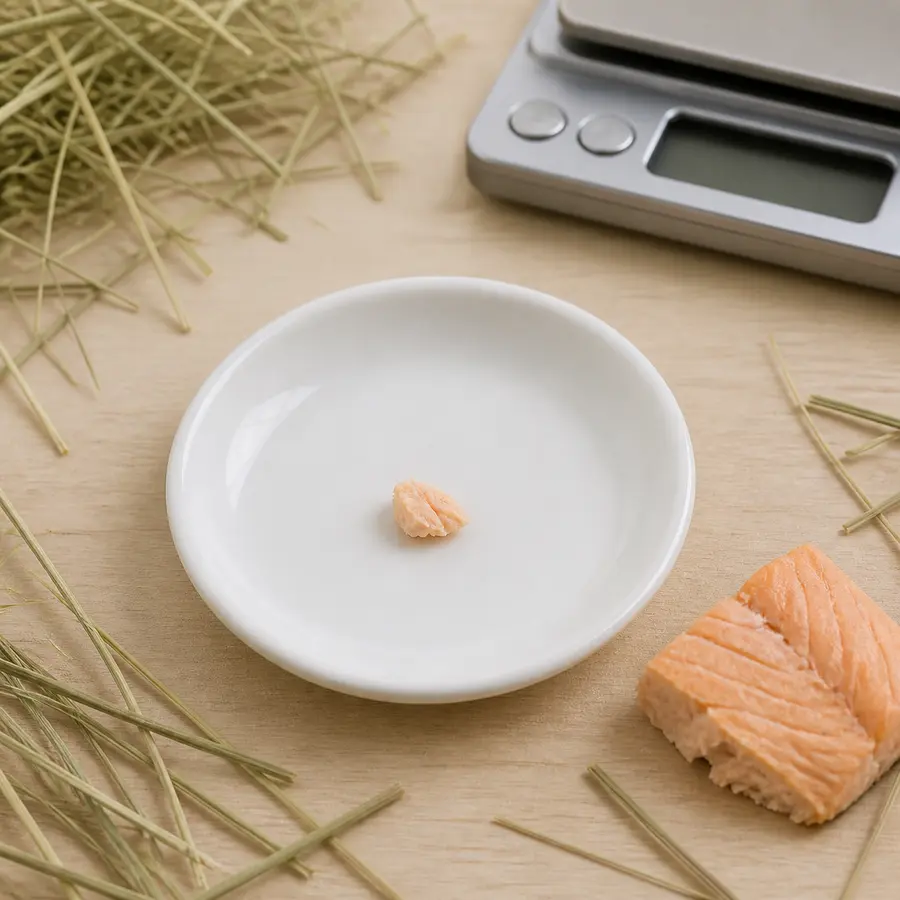 Tiny plain cooked salmon flake on a saucer beside boneless salmon, hay, and a gram scale.