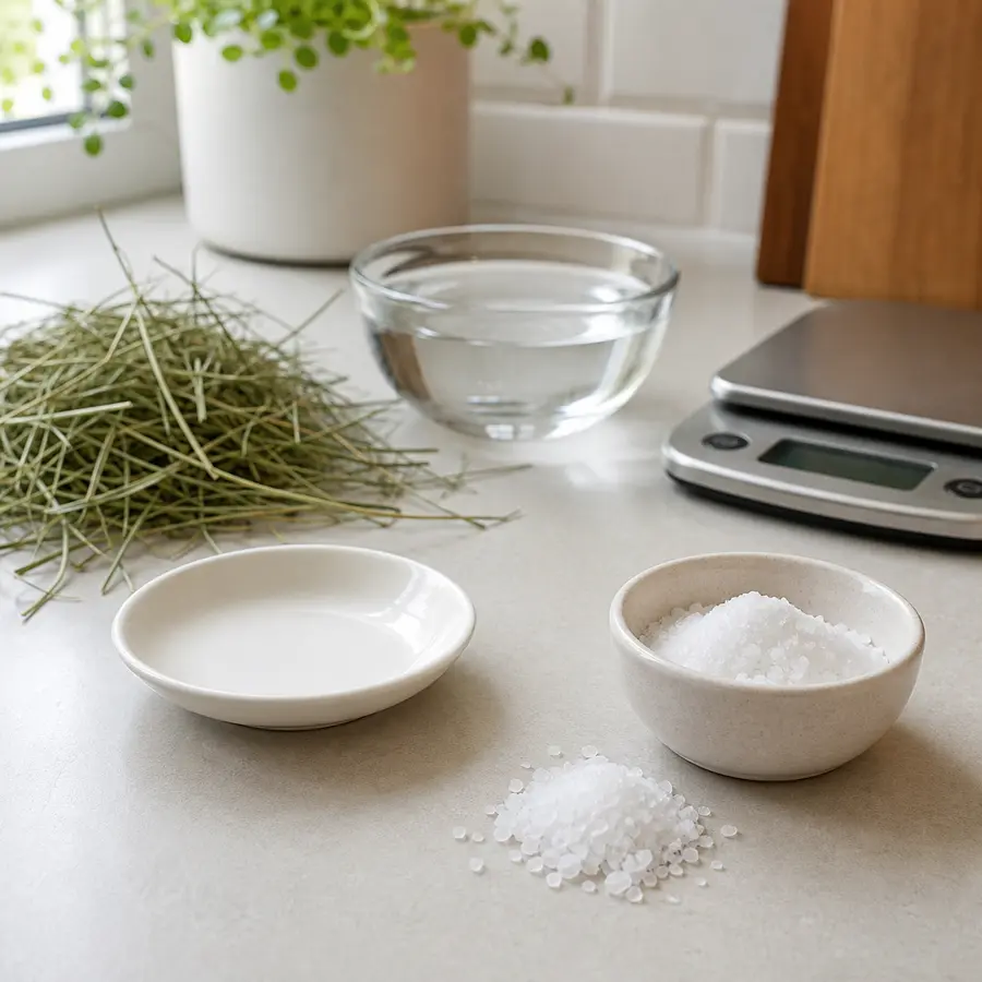 Plain salt crystals kept away from an empty saucer, hay, water, and a gram scale.
