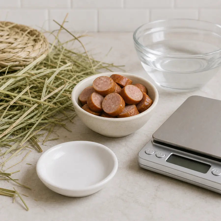 Sliced cooked sausage kept away from an empty saucer, hay, water, and a gram scale.