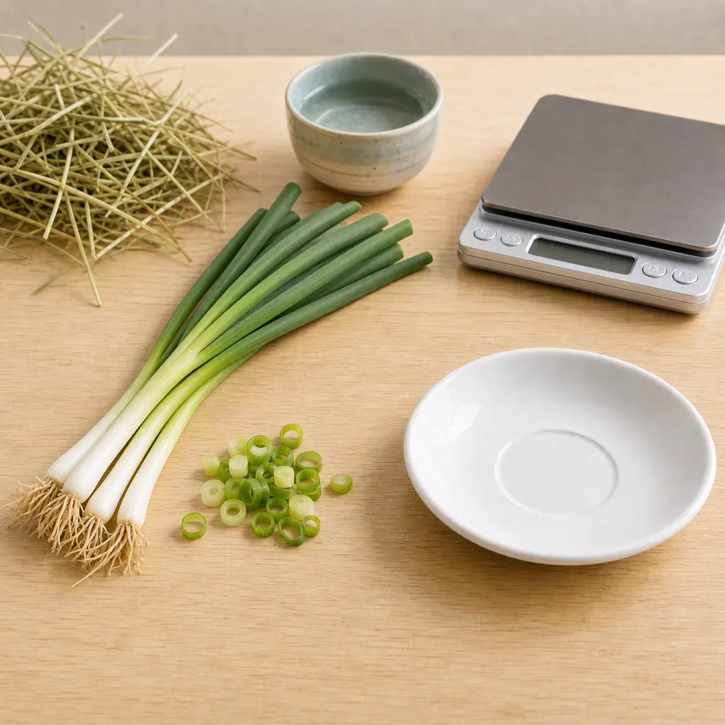 Scallions and sliced green onion rings kept away from an empty saucer, hay, water, and a gram scale.