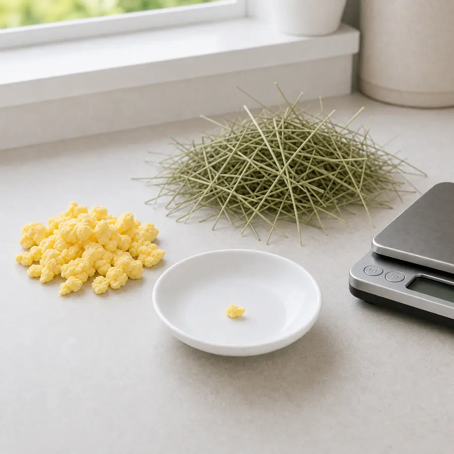 Tiny plain scrambled egg crumb on a saucer beside plain scrambled egg, hay, and a gram scale.