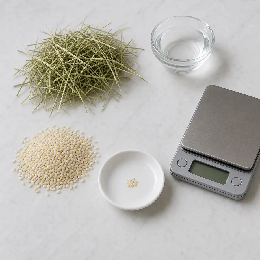 Tiny measured pinch of plain sesame seeds on a saucer beside plain sesame seeds, hay, water, and a gram scale.