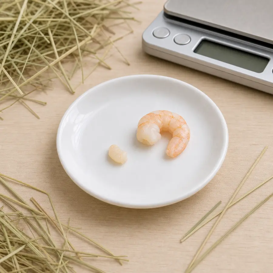 Tiny plain cooked peeled shrimp piece on a saucer beside cooked shrimp, hay, and a gram scale.