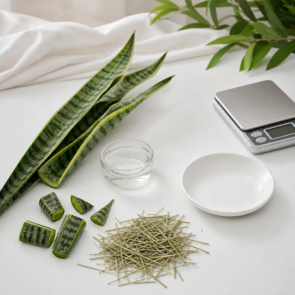 Snake plant leaves and clipped pieces kept away from an empty saucer, hay, water, and a gram scale.