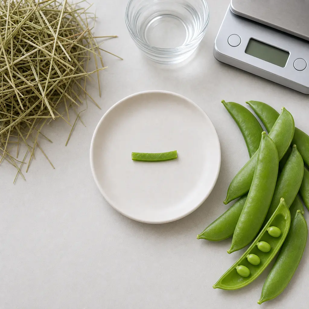 Tiny raw snap pea strip on a saucer beside fresh snap pea pods, hay, water, and a gram scale.
