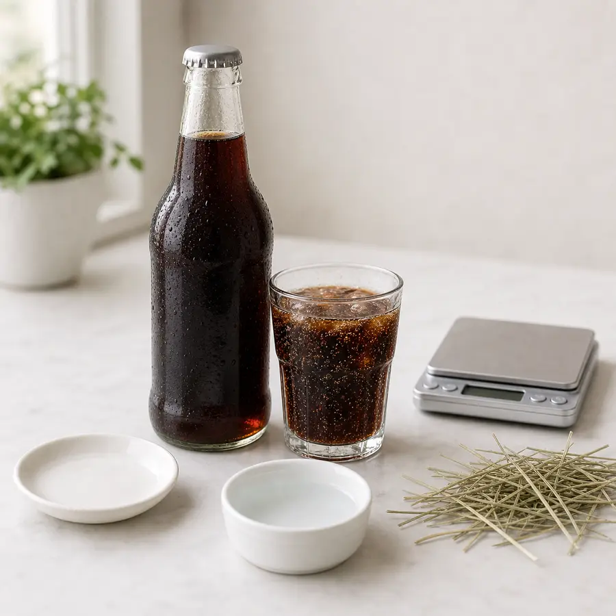 Bottle and glass of dark fizzy soda kept away from an empty saucer, hay, water, and a gram scale.