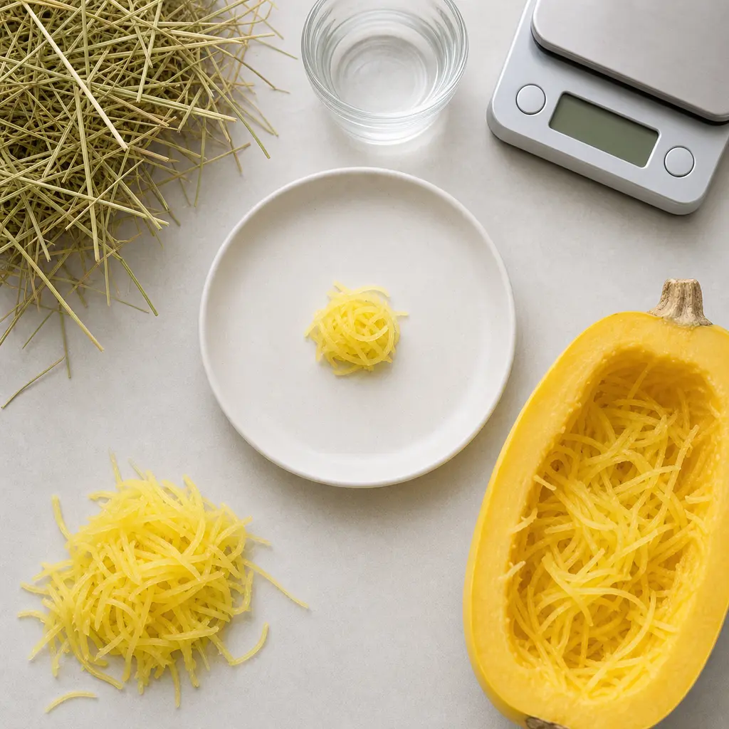 Tiny pinch of plain cooked spaghetti squash strands on a saucer beside a halved spaghetti squash, hay, water, and a gram scale.