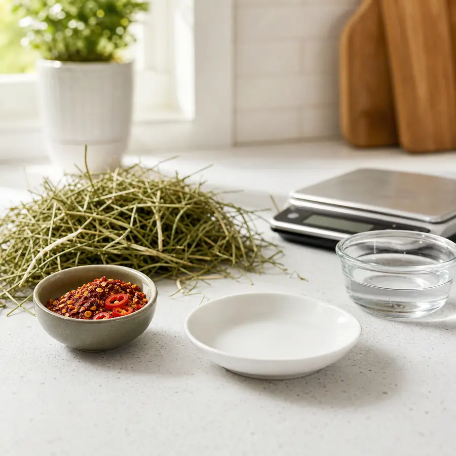 Spicy pepper flakes kept away from an empty saucer, hay, water, and a gram scale.