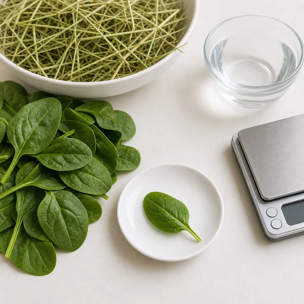 Tiny washed baby spinach leaf on a saucer beside fresh spinach leaves, hay, water, and a gram scale.