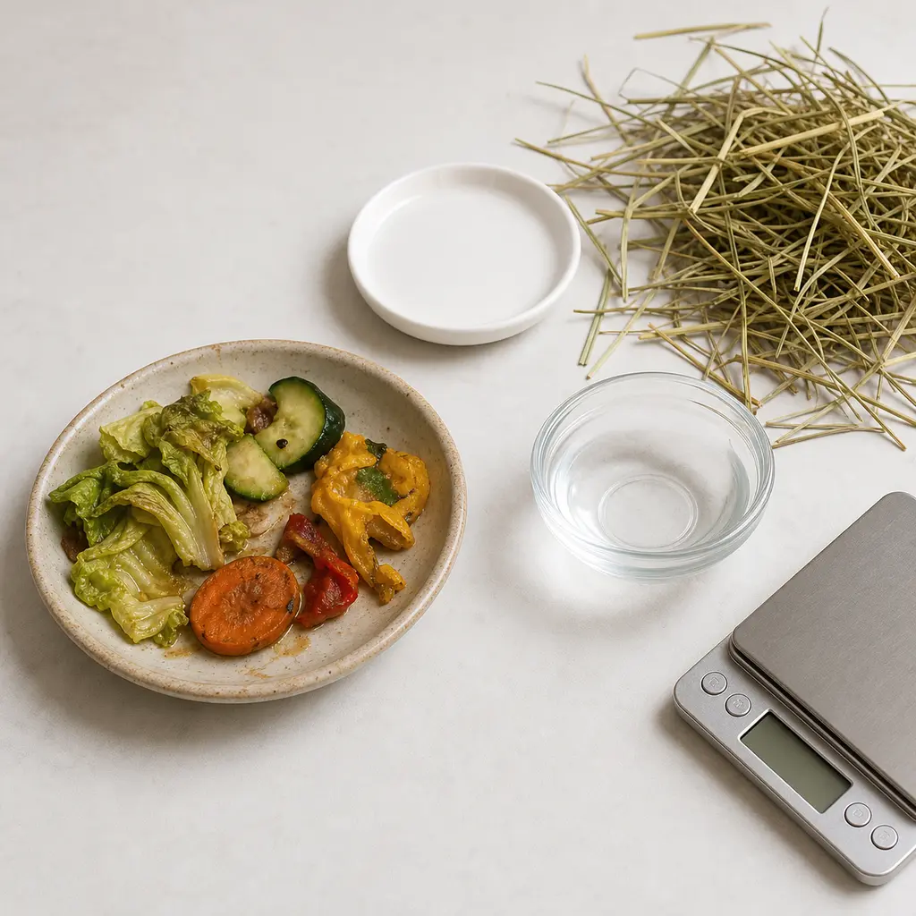Spoiled vegetable scraps kept away from an empty saucer, clean hay, water, and a gram scale.
