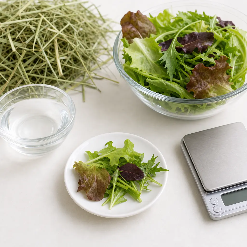 Tiny plain spring mix leaf portion on a saucer beside mixed baby greens, hay, water, and a gram scale.
