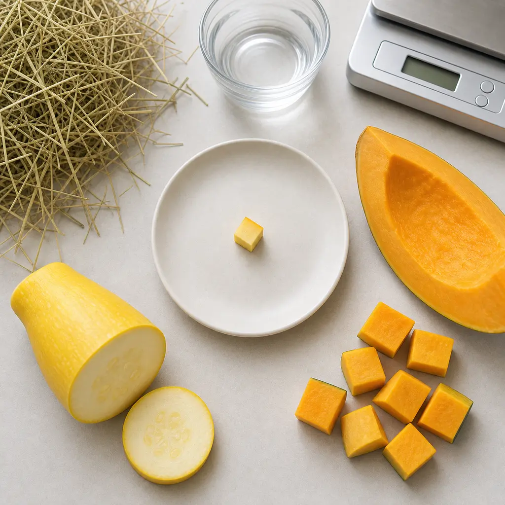 Tiny plain squash cube on a saucer beside yellow squash slices and orange winter squash, hay, water, and a gram scale.