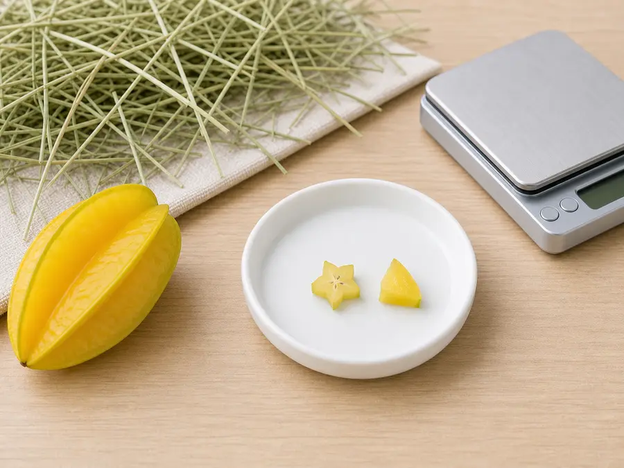 Tiny star fruit piece on a saucer beside fresh star fruit, hay, water, and a gram scale.
