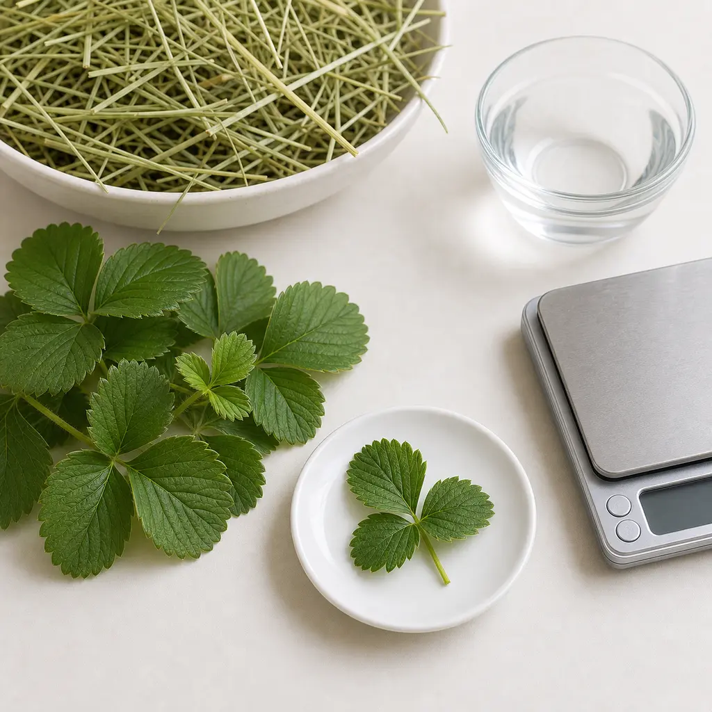 Tiny clean strawberry leaf piece on a saucer beside fresh strawberry plant leaves, hay, water, and a gram scale.