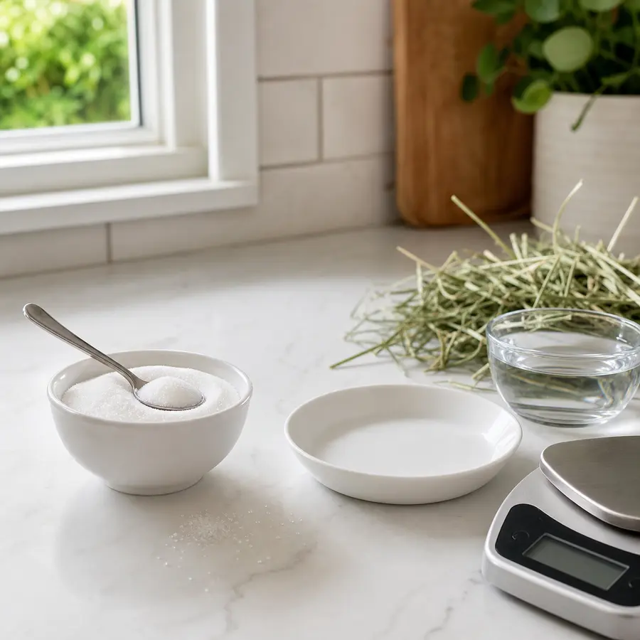 Plain white sugar kept away from an empty saucer, hay, water, and a gram scale.