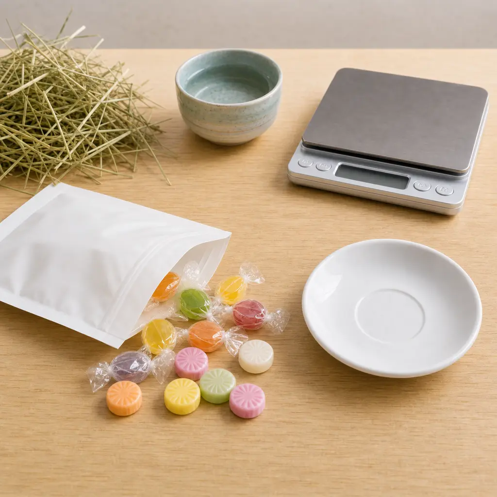Unbranded sugar-free style candy kept away from an empty saucer, hay, water, and a gram scale.